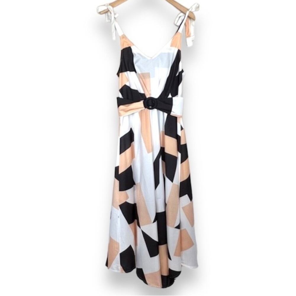 CBR ChicMe black tan geometric print tie shoulder belted midi dress M NEW